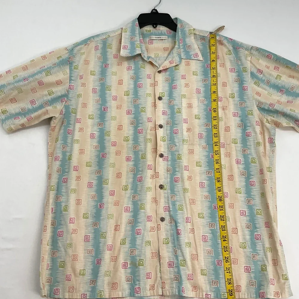 Moda Campia Moda Mens XL Cotton Button Down Shirt Geometric Spiral Ikat Teal Tan - Picture 9 of 9